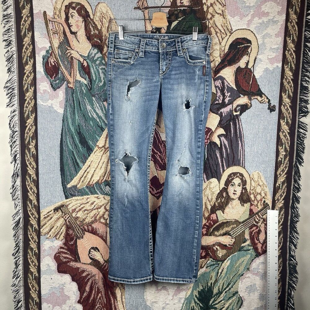 Silver Women's Pioneer Bootcut Flap Pocket Denim Jeans White Stitching 27X31